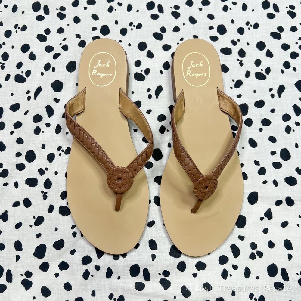 NEW Jack Rogers | Ali Leather Thong Sandals Brown Braided Flip Flops Size 9.5 - Picture 2 of 7
